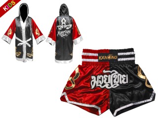 Personlig Muay Thai Boxningsrock + Boxningsshorts för barn : 143-Röd-Svart