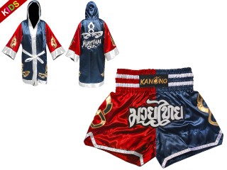 Personlig Muay Thai Boxningsrock + Boxningsshorts för barn : 143-Röd-Marinblå