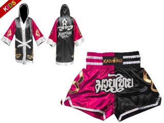 Personlig Muay Thai Boxningsrock + Boxningsshorts för barn : 143-Rose-Black
