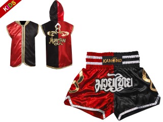 Personlig Muay Thai Boxning Huvjacka / Jacka med huva + Boxningsshorts för barn : SHOHOD-143-Röd-Svart