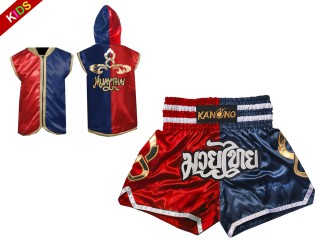 Personlig Muay Thai Boxning Huvjacka / Jacka med huva + Boxningsshorts för barn : SHOHOD-143-Röd-Marinblå