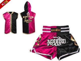 Personlig Muay Thai Boxning Huvjacka / Jacka med huva + Boxningsshorts för barn : SHHOOD-143-Rose-Black