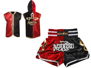 Personlig Muay Thai Boxning Huvjacka + Boxningsshorts : SHOHOD-143-Röd-Svart