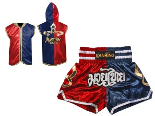 Personlig Muay Thai Boxning Huvjacka + Boxningsshorts : SHOHOD-143-Röd-Marinblå