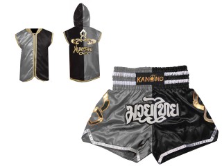 Personlig Muay Thai Boxning Huvjacka + Boxningsshorts : SHOHOD-143-Silver-Svart