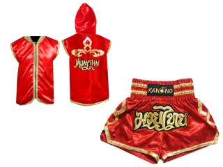 Personlig Muay Thai Boxning Gjorts / Hoodie + Boxningsshorts : Röd Lai Thai