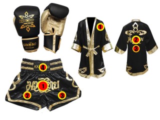 Thaiboxning utrustning paket - handskar + Personlig Muay Thai Boxningsrock + Boxningsshorts : Svart Lai Thai