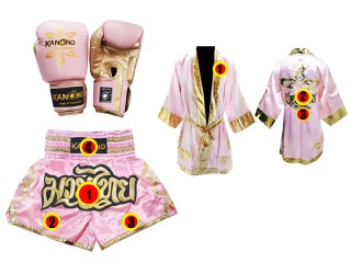 Kanong Muay Thai handskar + Personlig Muay Thai Boxningsrock + Boxningsshorts : Rosa Lai Thai