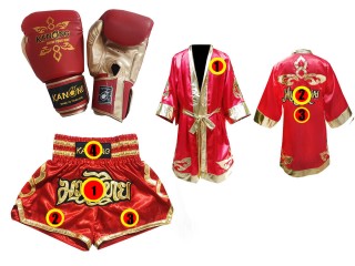 Kanong Muay Thai handskar + Personlig Muay Thai Boxningsrock + Boxningsshorts : Röd Lai Thai