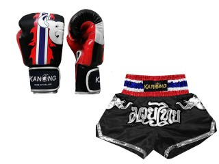 Muay Thai paket - Muay Thai Boxninghandskar och Personliga Muay Thai shorts : Set-125-Svart