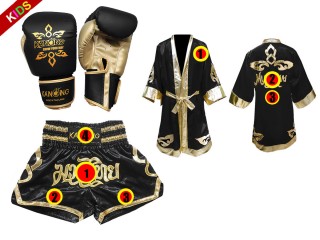 Kanong Muay Thai handskar + Personlig Muay Thai Boxningsrock + Boxningsshorts för barn : Svart Lai Thai