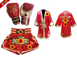 Kanong Muay Thai handskar + Personlig Muay Thai Boxningsrock + Boxningsshorts för barn : Röd Lai Thai