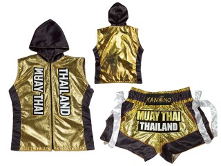 Personlig Muay Thai Boxning Huvjacka + Boxningsshorts : KNHODSET-004-Guld-Svart