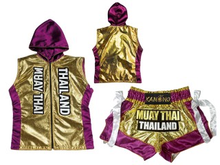 Personlig Muay Thai Boxning Huvjacka + Boxningsshorts : KNHODSET-004-Guld-Lila