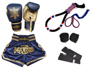 Boxningshandskar och kickboxningsshorts med Muay Thai-utrustning : Set-121-Marinblå