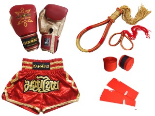 Boxningshandskar och kickboxningsshorts med Muay Thai-utrustning : Set-121-Röd