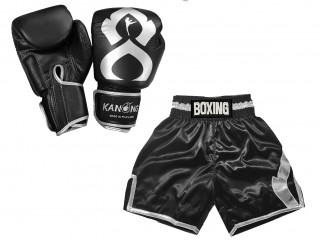 Kanong äkta läder boxning handskar och Boxningsshorts  : KNCUSET-201-Svart-Silver