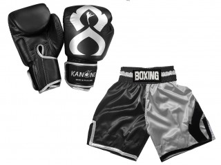 Kanong äkta läder boxning handskar och Boxningsshorts  : KNCUSET-202-Svart-Silver