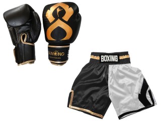 Kanong äkta läder boxning handskar och Boxningsshorts  : KNCUSET-202-Svart-Vit
