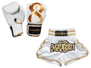 Muay Thai äkta läder boxning handskar och Personliga Muay Thai shorts : Set-121-Thaikick-Vit
