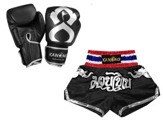 Muay Thai äkta läder boxning handskar och Personliga Muay Thai shorts : Set-125-Gloves-Thaikick-Svart