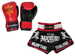 Muay Thai äkta läder boxning handskar och Personliga Muay Thai shorts : Set-133-Gloves-Svart