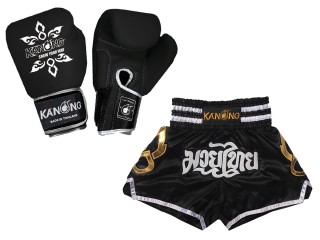 Muay Thai äkta läder boxning handskar och Personliga Muay Thai shorts :Set-143-Gloves-Svart
