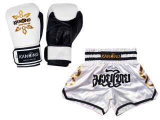 Muay Thai äkta läder boxning handskar och Personliga Muay Thai shorts : Set-143-Gloves-Vit