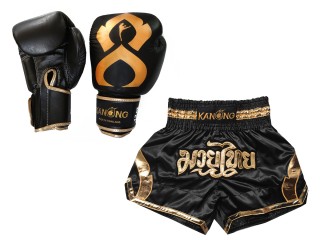 Muay Thai äkta läder boxning handskar och Personliga Muay Thai shorts : Set-144-Gloves-Svart-Guld