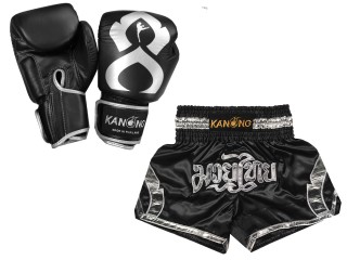 Muay Thai äkta läder boxning handskar och Personliga Muay Thai shorts : Set-144-Gloves-Svart-Silver
