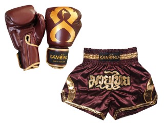 Muay Thai äkta läder boxning handskar och Personliga Muay Thai shorts : Set-144-Gloves-Rödbrun