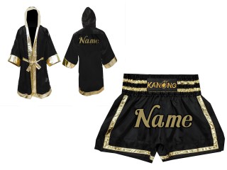 Personlig Muay Thai Boxningsrock + Muay Thai shorts: Set-140-Svart-Guld 