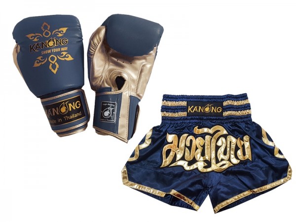 Muay Thai handskar och Personliga Muay Thai shorts : Set-121-marinblå