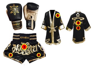Kanong Muay Thai handskar + Personlig Muay Thai Boxningsrock + Boxningsshorts : Svart Lai Thai