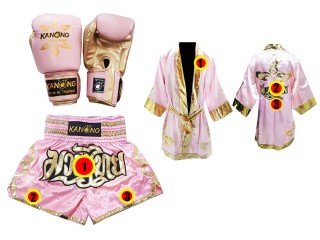 Kanong Muay Thai handskar + Personlig Muay Thai Boxningsrock + Boxningsshorts : Rosa Lai Thai