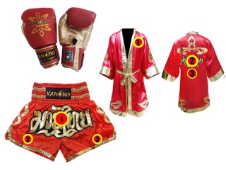 Kanong Muay Thai handskar + Personlig Muay Thai Boxningsrock + Boxningsshorts : Röd Lai Thai