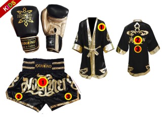 Kanong Muay Thai handskar + Personlig Muay Thai Boxningsrock + Boxningsshorts för barn : Svart Lai Thai