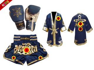 Kanong Muay Thai handskar + Personlig Muay Thai Boxningsrock + Boxningsshorts för barn : Marin Lai Thai
