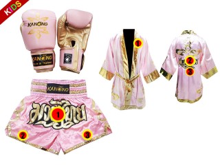 Kanong Muay Thai handskar + Personlig Muay Thai Boxningsrock + Boxningsshorts för barn : Rosa Lai Thai