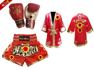 Kanong Muay Thai handskar + Personlig Muay Thai Boxningsrock + Boxningsshorts för barn : Röd Lai Thai